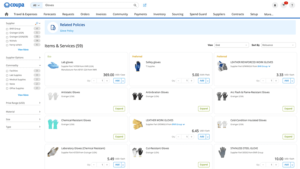 Gloves search results in platform